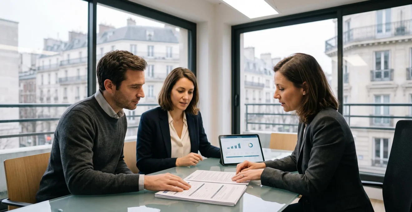 Conseiller bancaire et couple en consultation pour demande de crédit immobilier dans bureau contemporain avec documents de prêt sur table vitrée