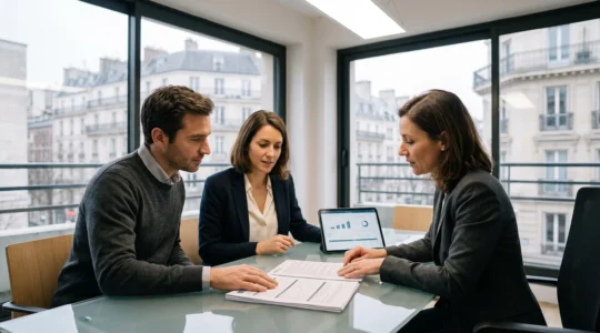 Conseiller bancaire et couple en consultation pour demande de crédit immobilier dans bureau contemporain avec documents de prêt sur table vitrée