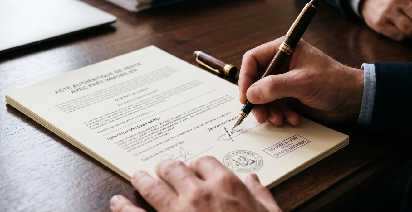 Gros plan sur signature d'acte authentique de prêt immobilier chez notaire avec stylo plume sur document officiel estampillé