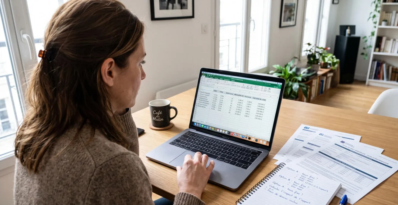 Personne comparant offres de crédit immobilier sur ordinateur portable avec feuilles d'offres bancaires et carnet de calculs dans intérieur résidentiel lumineux