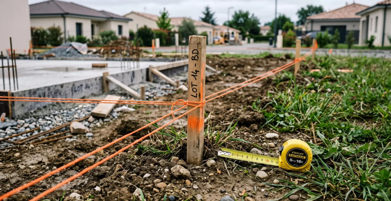 Des bornes jalonnent le périmètre du terrain bordant les fondations d'une maison.