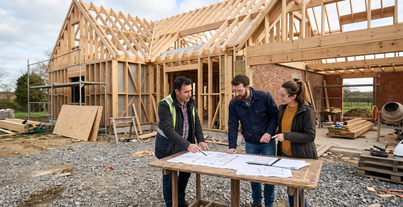 Un couple visite avec un conseiller une maison neuve en cours de construction.