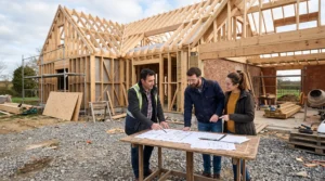 Un couple visite avec un conseiller une maison neuve en cours de construction.