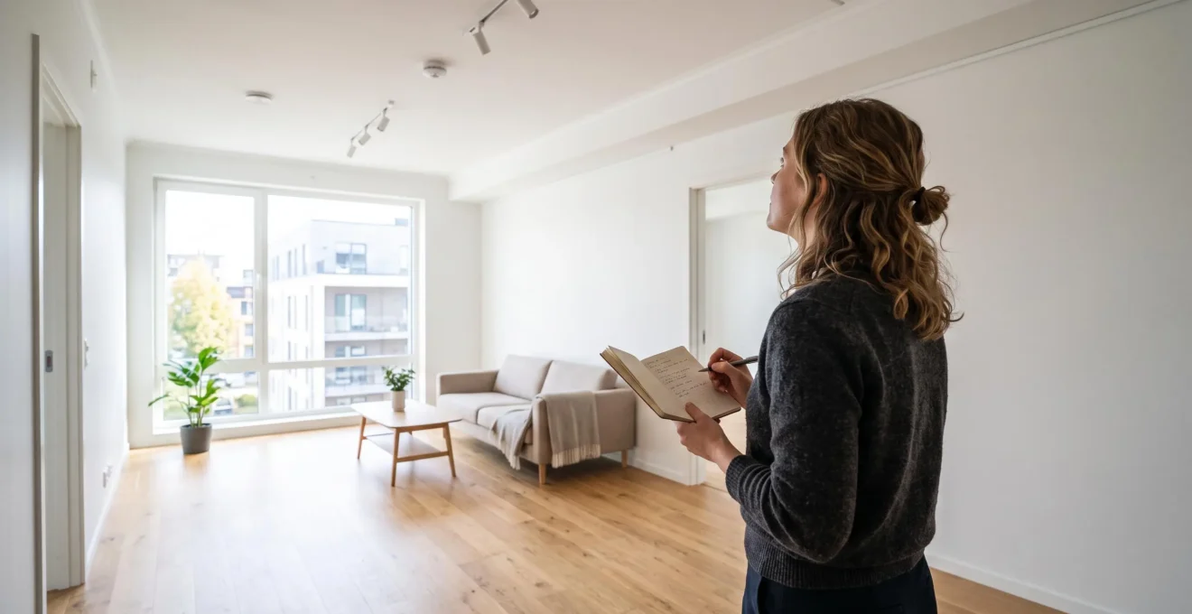 Una femme examine les finitions intérieures lors de la visite d'un appartement neuf.